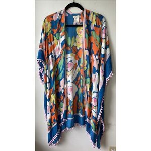 Shiraleah Chicago Kimono Wrap‎ Womens OS Blue Floral Pom Pom Trim Boho Cover Up